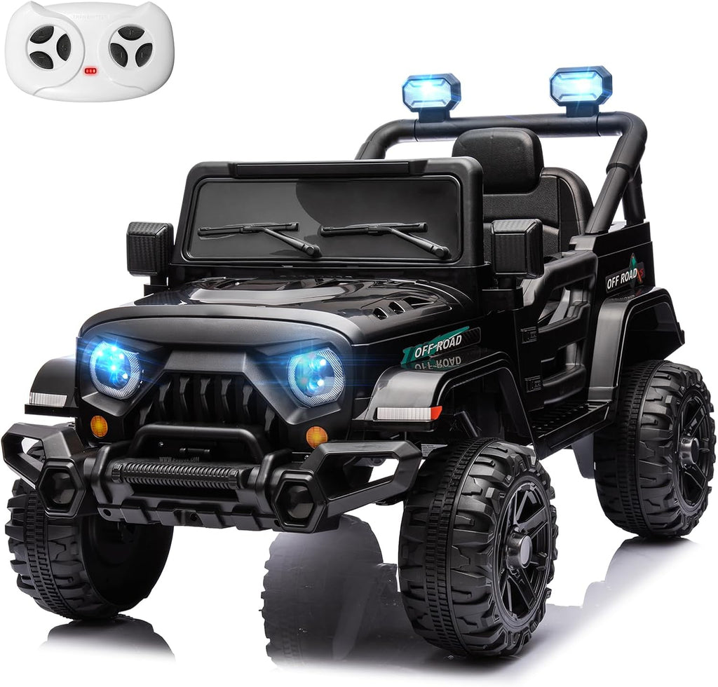 MINIATURE MOTORS 12V Kids Electric Ride on Truck Car Remote Control, Twin 35W Motors 3.5MPH Max Speed, Bluetooth Music Player, 4 Wheels Suspension LED Lights Safety Belt, Gift for Boys & Girls-Black