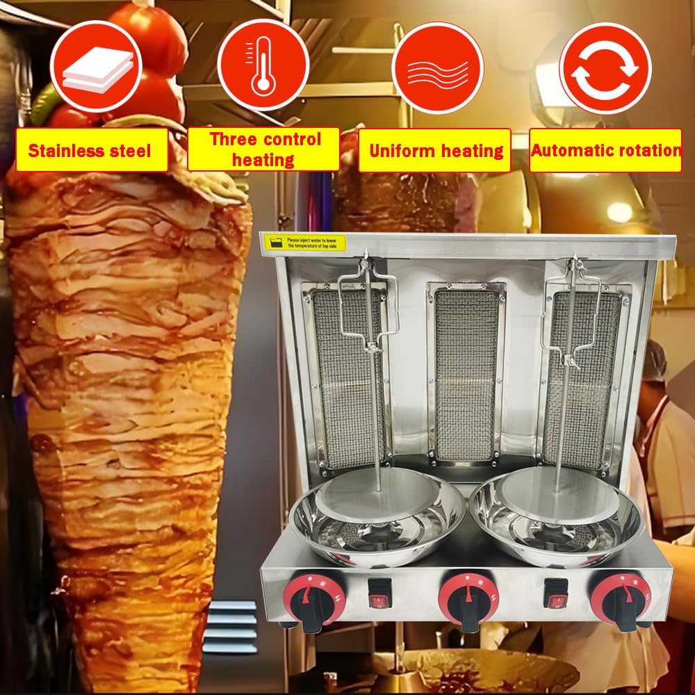 Shawarma Grill Machine LP Gas Turkish Barbecue Shawarma Rotisserie Countertop Rotating Doner Kebab Gyro Grill Oven Vertical Broiler with 3 Burners for Home Kitchen Restaurant Party