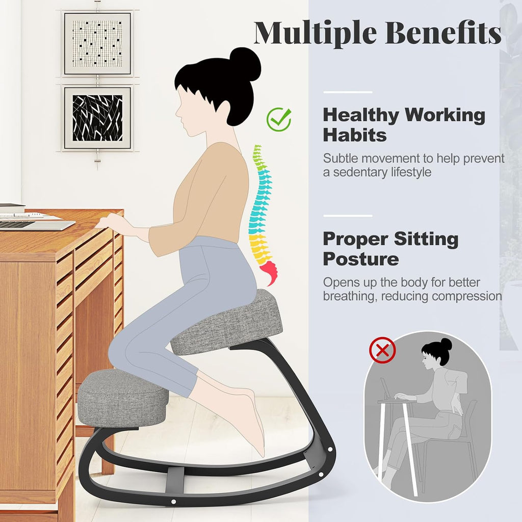 Giantex Ergonomic Kneeling Desk Chair, Upright Posture Chair with Cushion & Solid Wood Frame, Natural Relief for Neck or Back Pain, Wooden Knee Chair for Home Office (2)