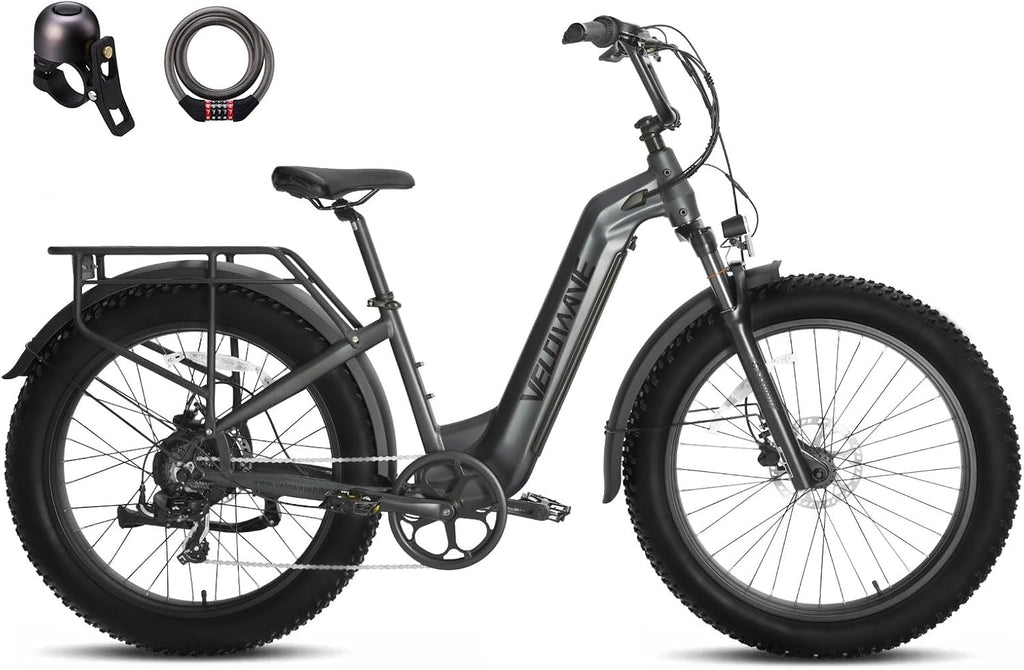 VELOWAVE Electric Bike 26' Fat Tire Ebike Peak 1200W Motor Electric Bike for Adults with 47.97V 14.4AH Removable LG Cell Battery Step-Thru E Bike up to 32MPH UL 2849 Certified with Lock& Bell