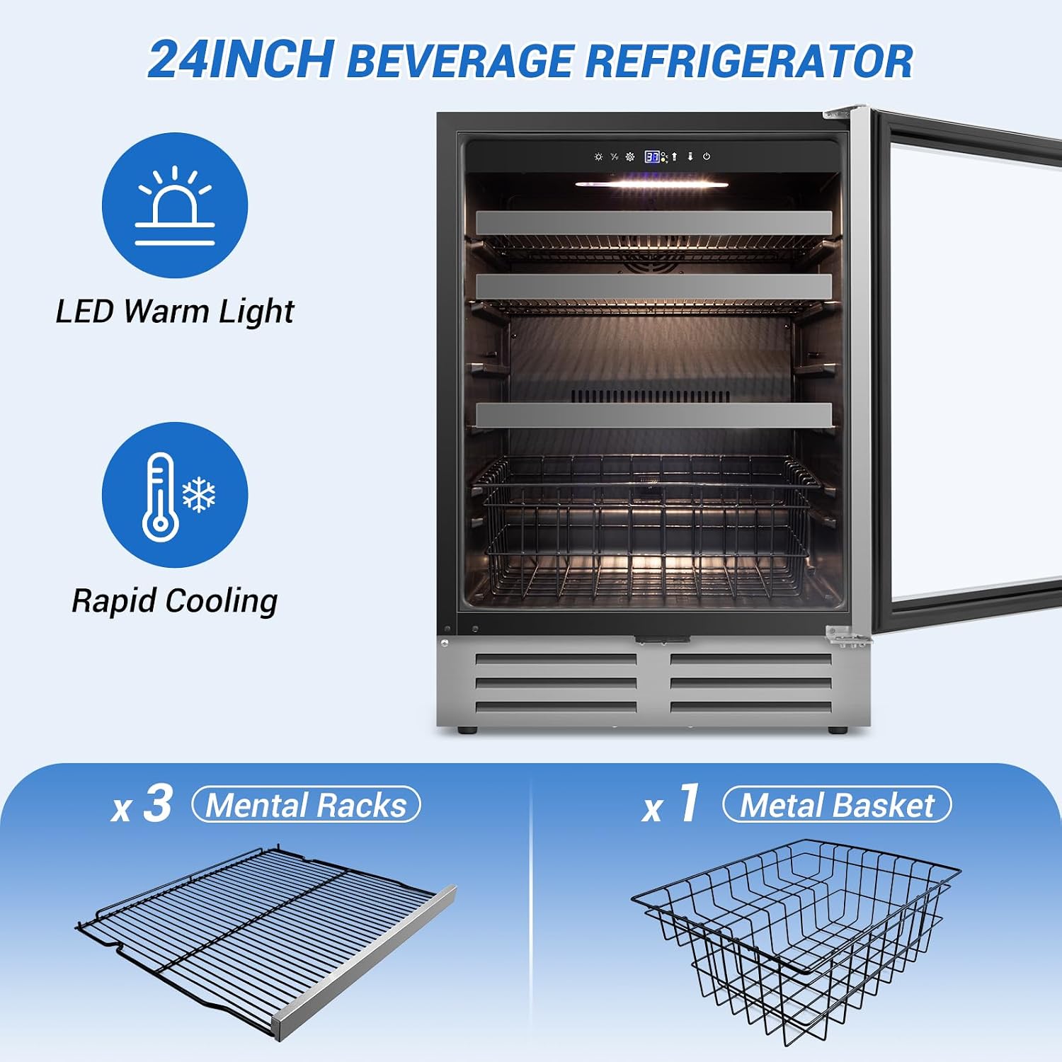 Velivi 24' Beverage Refrigerator Undercounter | 180 Can Capacity | Built-In Undercounter Cooler | Glass Door for Soda, Water, Beer | Home, Bar, or Office Use