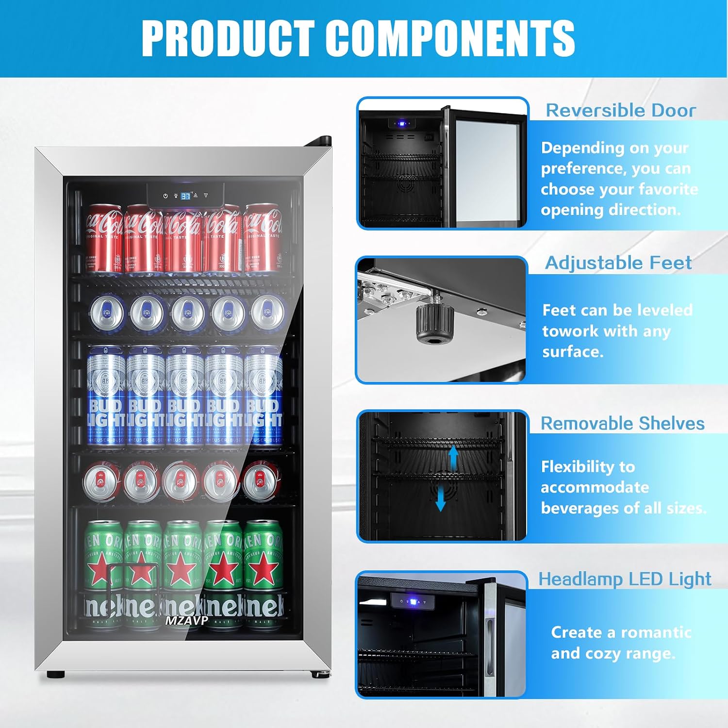 Beverage Refrigerator Cooler, 120 Can Mini Fridge with Reversible Glass Door for Soda Beer, 3 Cu.Ft Drink Fridge with Digital Temperature Control & Adjustable Shelves - Silver
