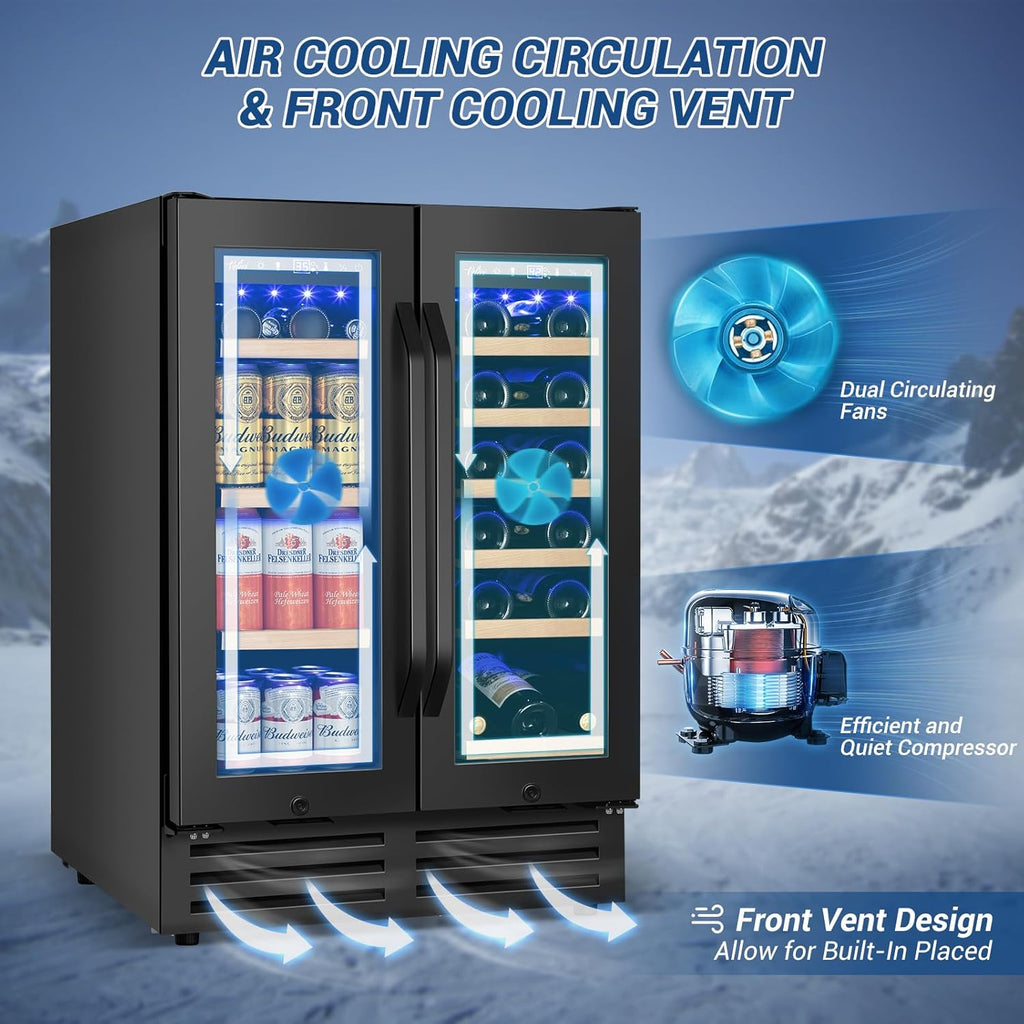 Wine and Beverage Refrigerator Black, 24 Inch Beverage Cooler Under Counter Dual Zone with Glass Door&Lock, 18 Bottles and 68 Cans Large Capacity for Beer Soda Drink, Built-In or Freestanding Fridge