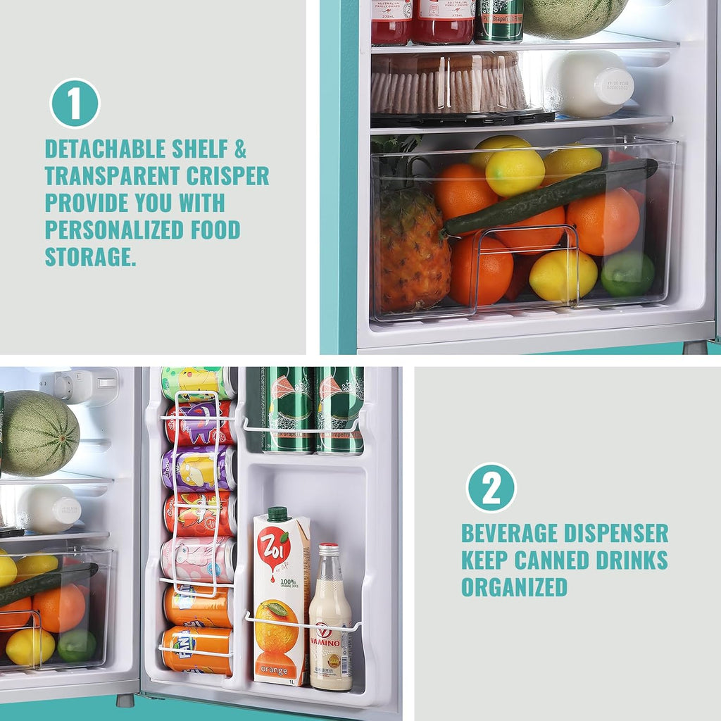WANAI Compact Mini Refrigerator Small Refrigerator with Freezer, Retro Mini Fridge with Dual Door,7 Adjustable Thermostat, Adjustable Shelves For Dorm, Office Bedroom, Blue
