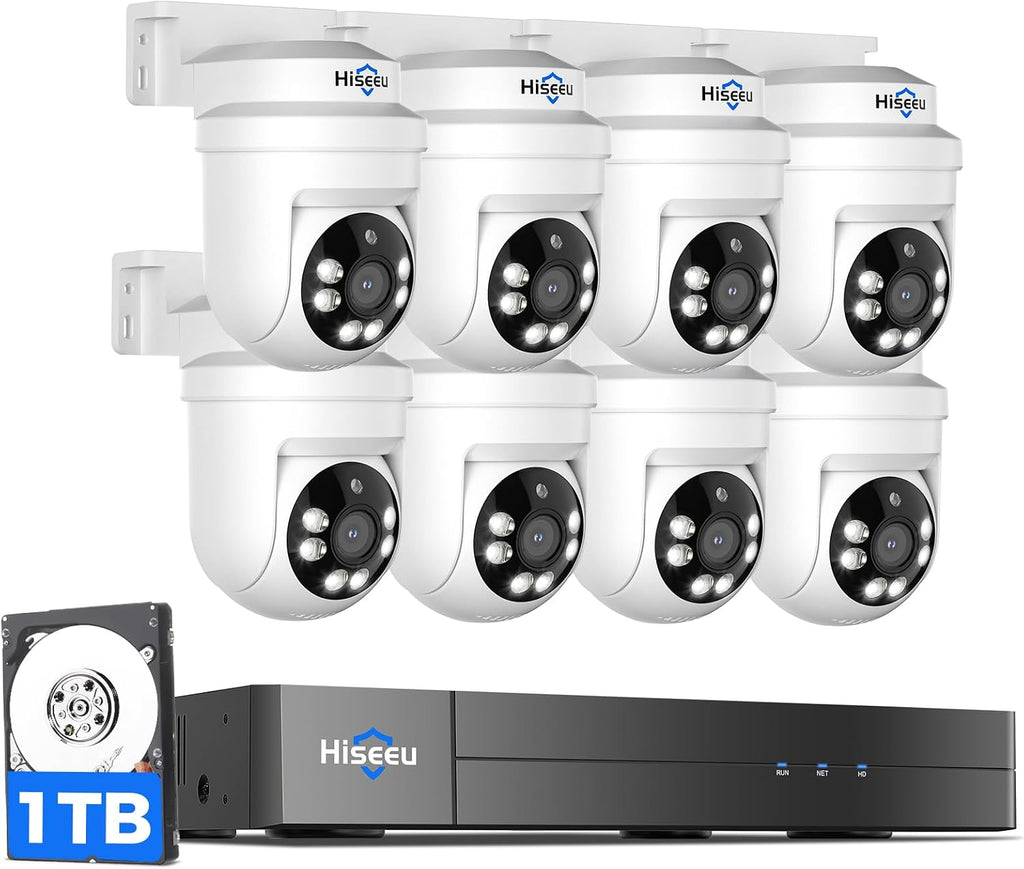 Hiseeu 3K PTZ Wired Security Camera System Outdoor with Color Night Vision,Audio,8 x 5MP IP67 CCTV Cameras,5MP DVR 8CH,1TB HDD,360°Coverage,Person/Vehicle Detection,Alarm Spotlight,24/7 Recording