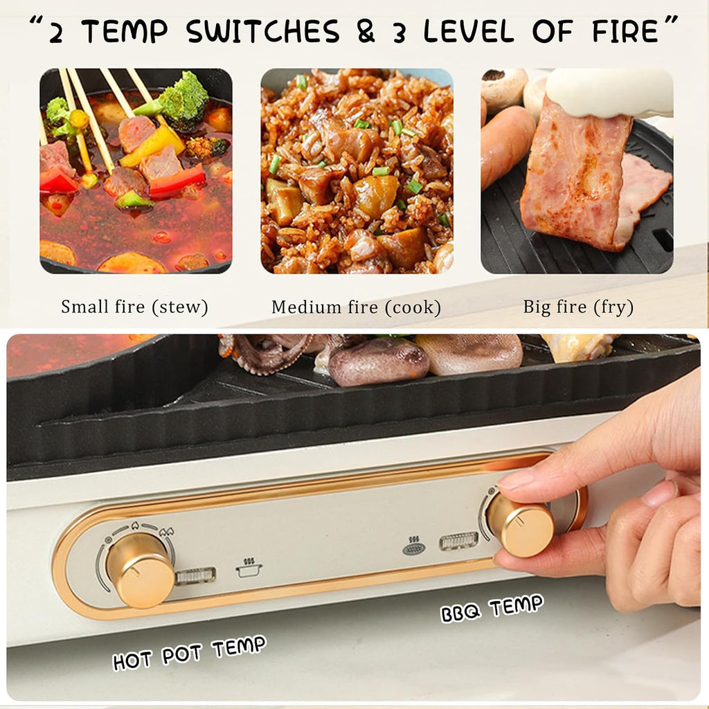 Household Electric Hot Pot with Grill, Teppanyaki Grill Pot and BBQ Pan, Independent Temperature Control, Non-stick Coating, Easy to Clean, For 3-8 People to Enjoy, 2200 W