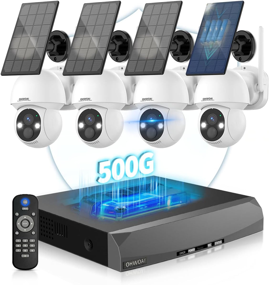 《100% Solar Powered & PIR Motion Detection》Outdoor Wireless PTZ Camera System, 4MP Solar Powered Battery Cameras Systems, Home Video Surveillance DVR Kits with 2-Way Audio