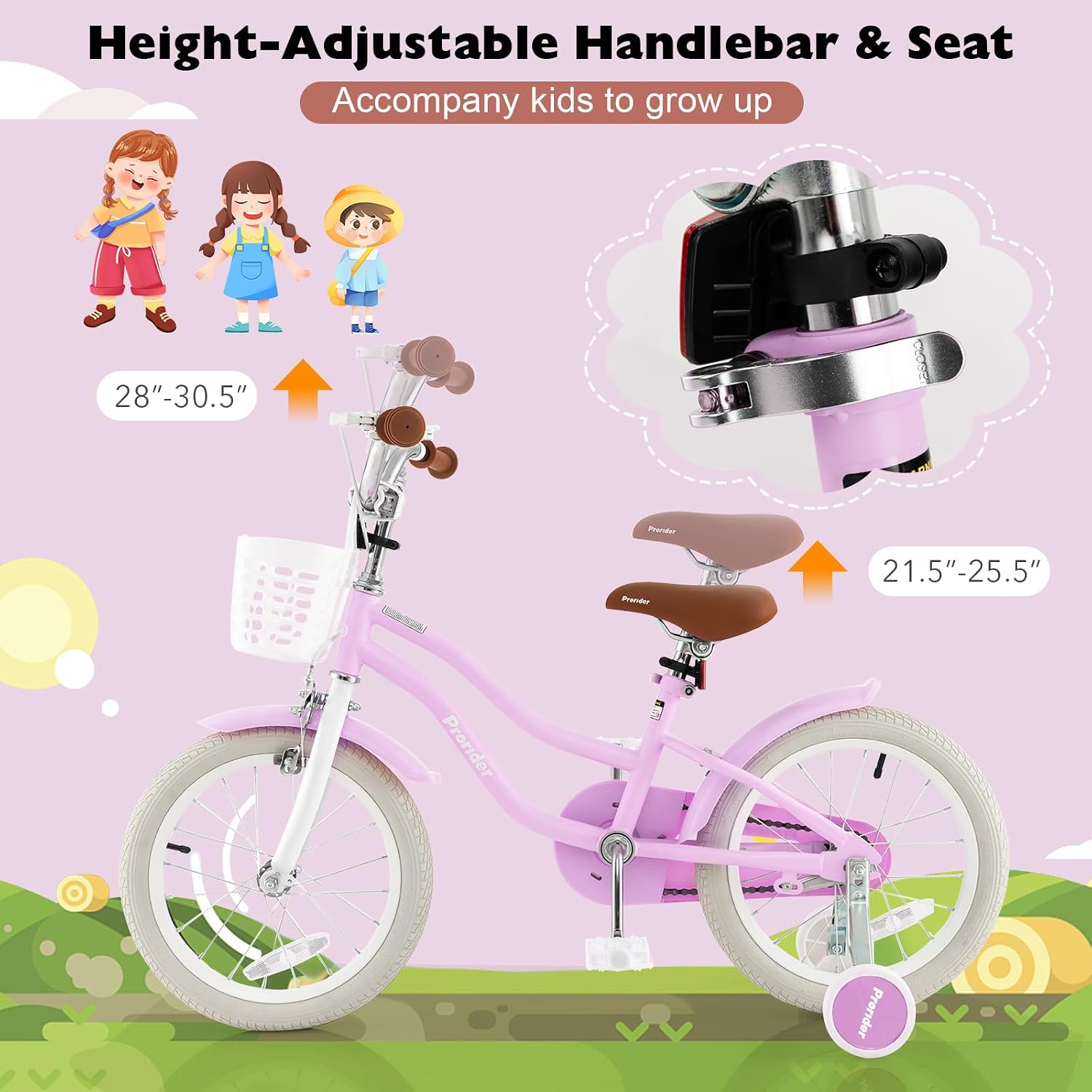 BABY JOY Kids Bike, 12 14 16 18 20 Inch Boys Girls Bike w/Adjustable Seat, Removable Basket, Handbrake & Coaster Brake, Training Wheels or Kickstand, Kids Bicycle with Multi-Color