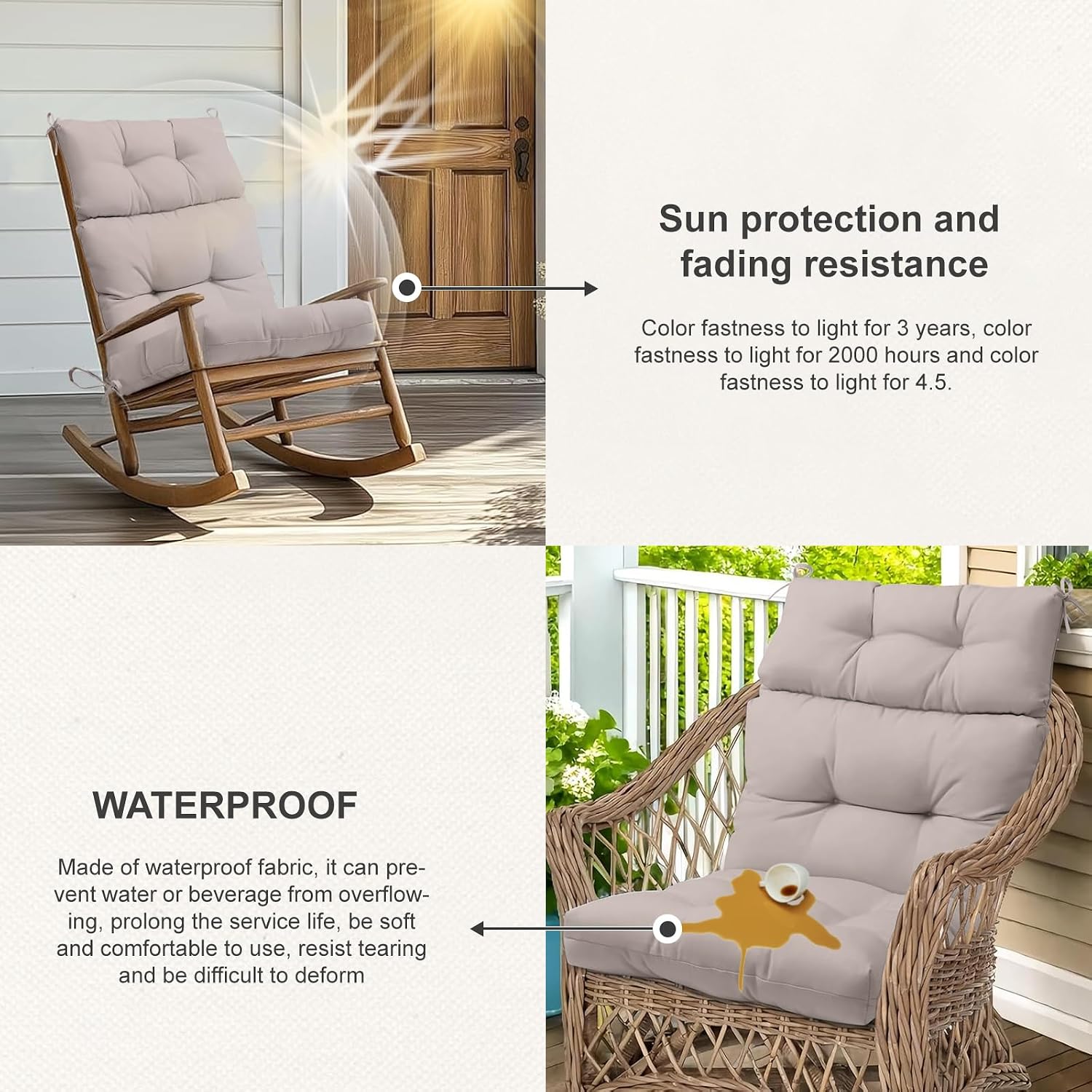 Outdoor High Back Chair Cushions 2-Pack, 44'x22'x 4' Fade-Resistant Waterproof Tufted Pads with Ties for Patio Rocking & Adirondack Chairs (Khaki)