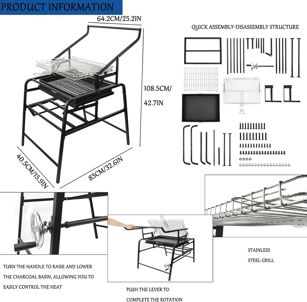 Black Barbecue Grills, Stainless Steel Flipping Barbecue Grill for Camping BBQ Picnics Beach Party Cooking Outdoor Garden, Camping Grill,108x83cm