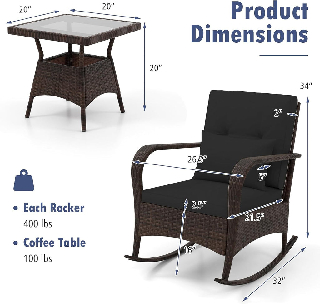 Tangkula 3 Pieces Rocking Bistro Set, Patiojoy Outdoor PE Rattan Rocker Chairs with Removable Cushions & Tempered Glass Top Coffee Table, Outdoor Wicker Furniture Set for Porch, Garden (Black)