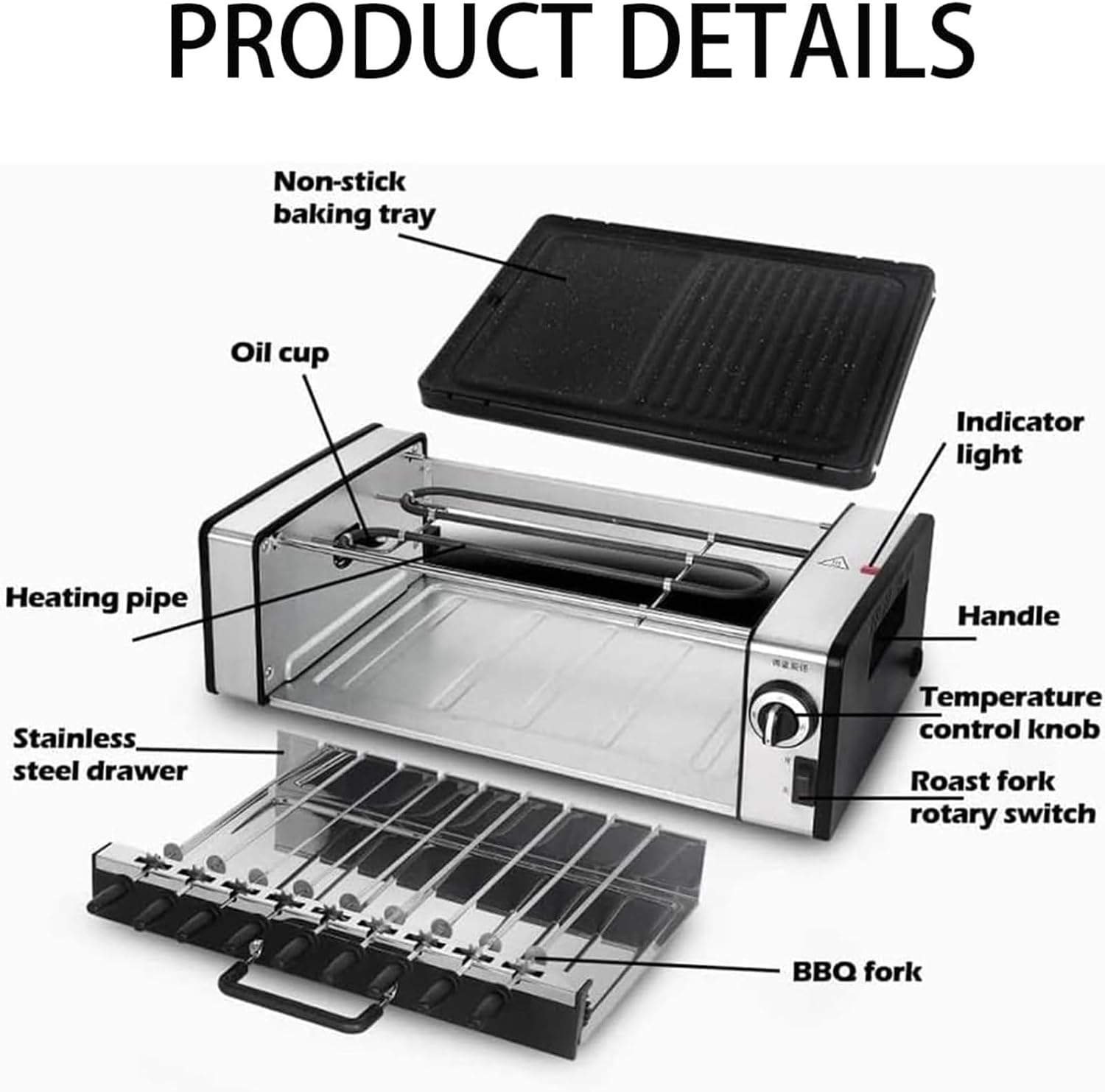 Double Layer Automatic Rotating Electric Grill, Household Smokeless Bbq Kebab Plate, Adjustable Temperature Drip Tray, Suitable for Kitchen Party Camping Easy To Clean