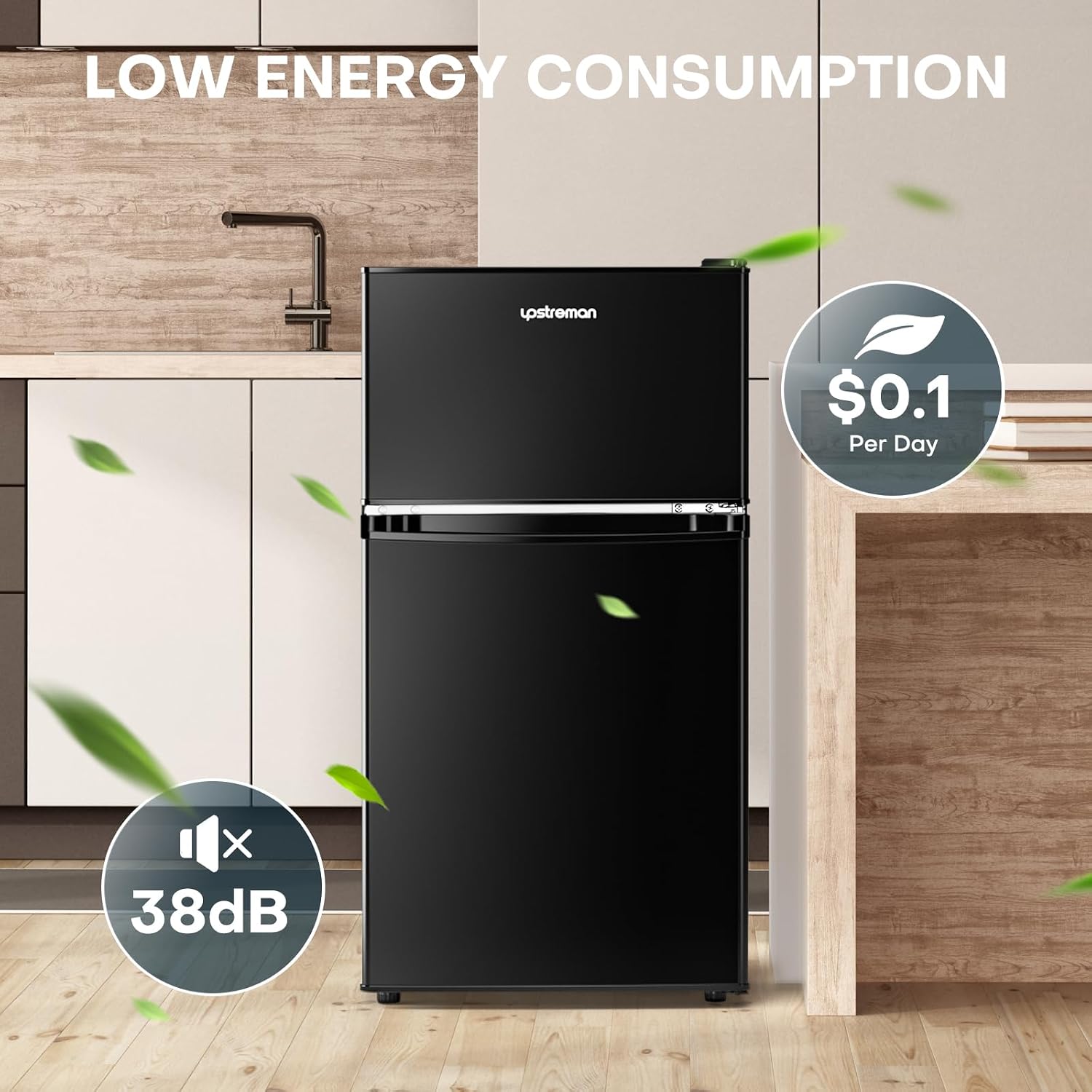 Upstreman 3.2 Cu.Ft Mini Fridge with Freezer, Double Door Mini Fridge, Adjustable Thermostat, Mini Refrigerator for Dorm, Office, Bedroom, Black-BD321