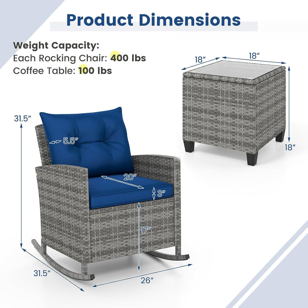 KOTEK 3 Piece Patio Furniture Rocking Bistro Set, Wicker Outdoor Rocking Chairs & Glass Table, PE Rattan Conversation Set for Porch, Balcony, Deck, Poolside (Mix Grey- Navy)