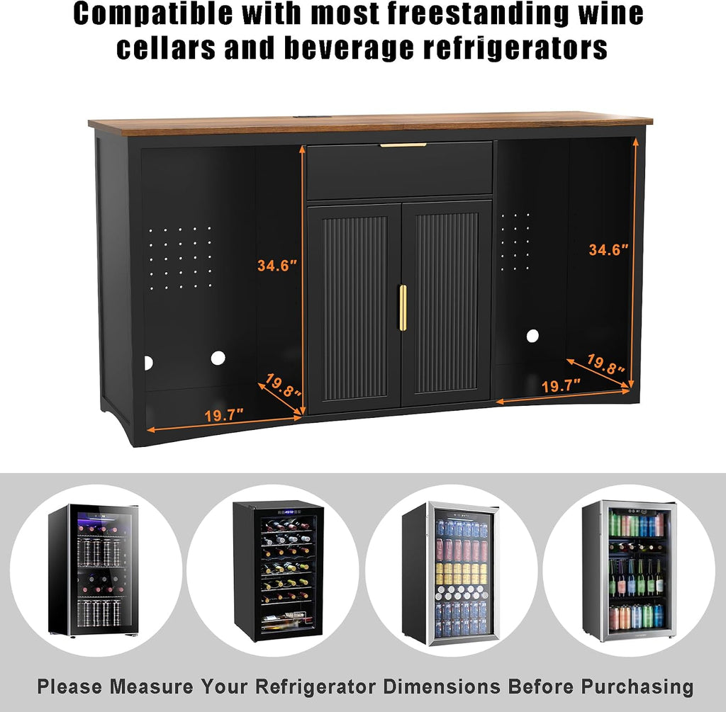 GDLF 70.1' Long Coffee Bar Cabinet with Fridge Space, Modern Wine Liquor Cabinet with Storage & Power Outlet, Buffet Sideboard with Fluted Doors for Home, Black
