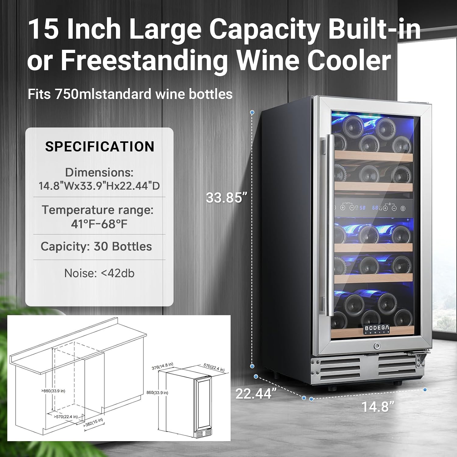 BODEGA 15' Wine Cooler, 30 Bottle Dual Zone Wine Fridge With Double-Layer Glass Door, Freestanding or Built-In Wine Fridge with Blue LED Light & Stainless Steel Handle, for Home, Kitchen,Bar, Black.