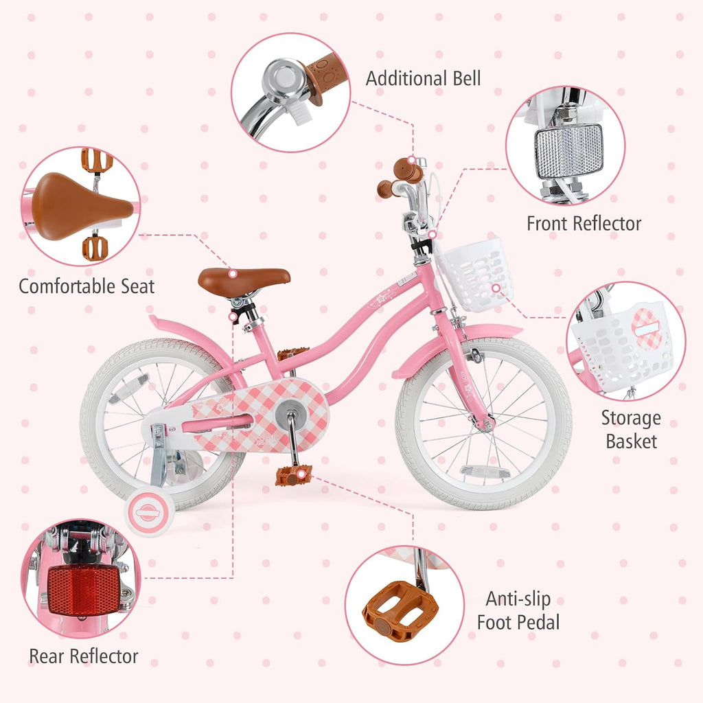 BABY JOY Kids Bike, 12 14 16 18 20 Inch Boys Girls Bike w/Adjustable Seat, Removable Basket, Handbrake & Coaster Brake, Training Wheels or Kickstand, Kids Bicycle with Multi-Color