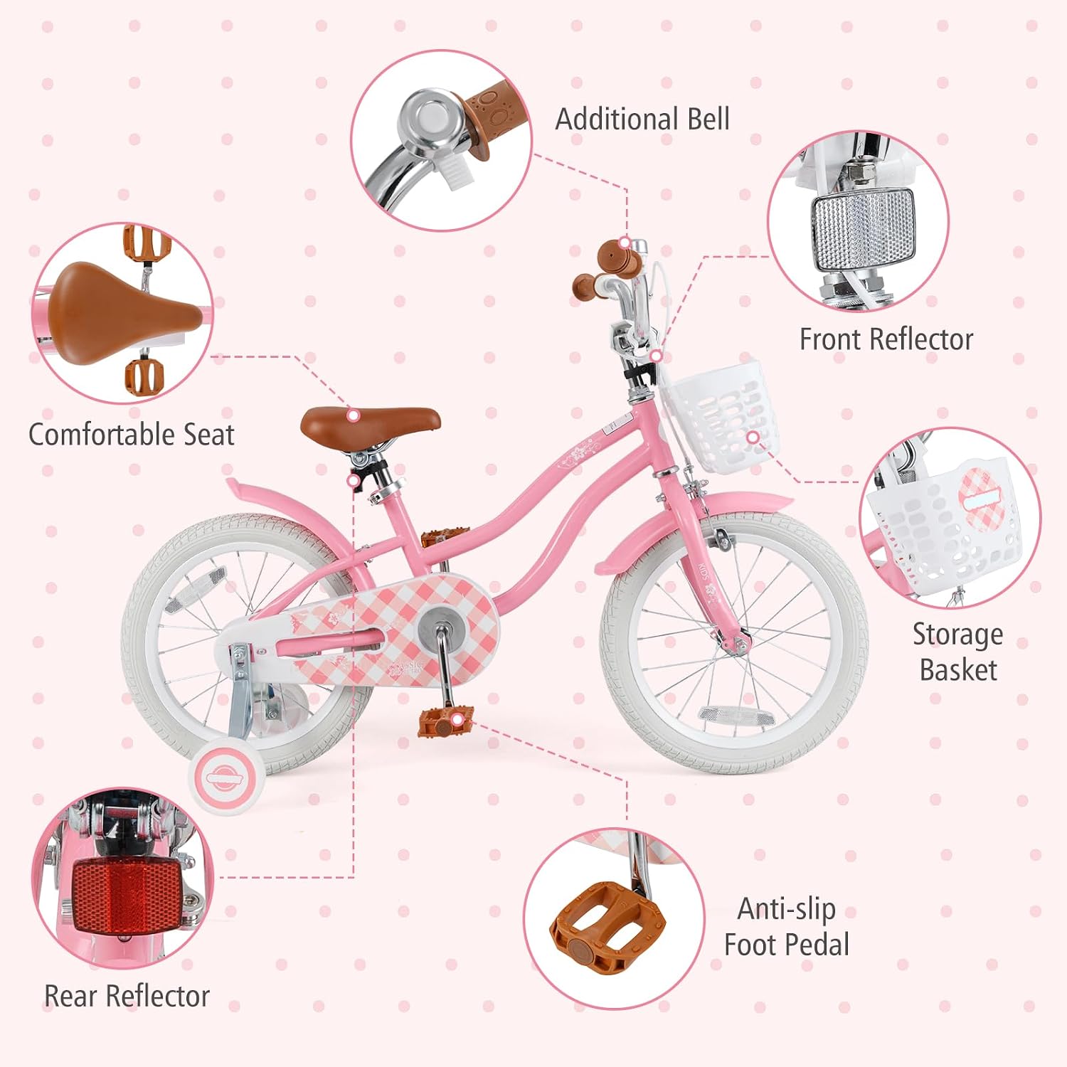BABY JOY Kids Bike, 12 14 16 18 20 Inch Boys Girls Bike w/Adjustable Seat, Removable Basket, Handbrake & Coaster Brake, Training Wheels or Kickstand, Kids Bicycle with Multi-Color