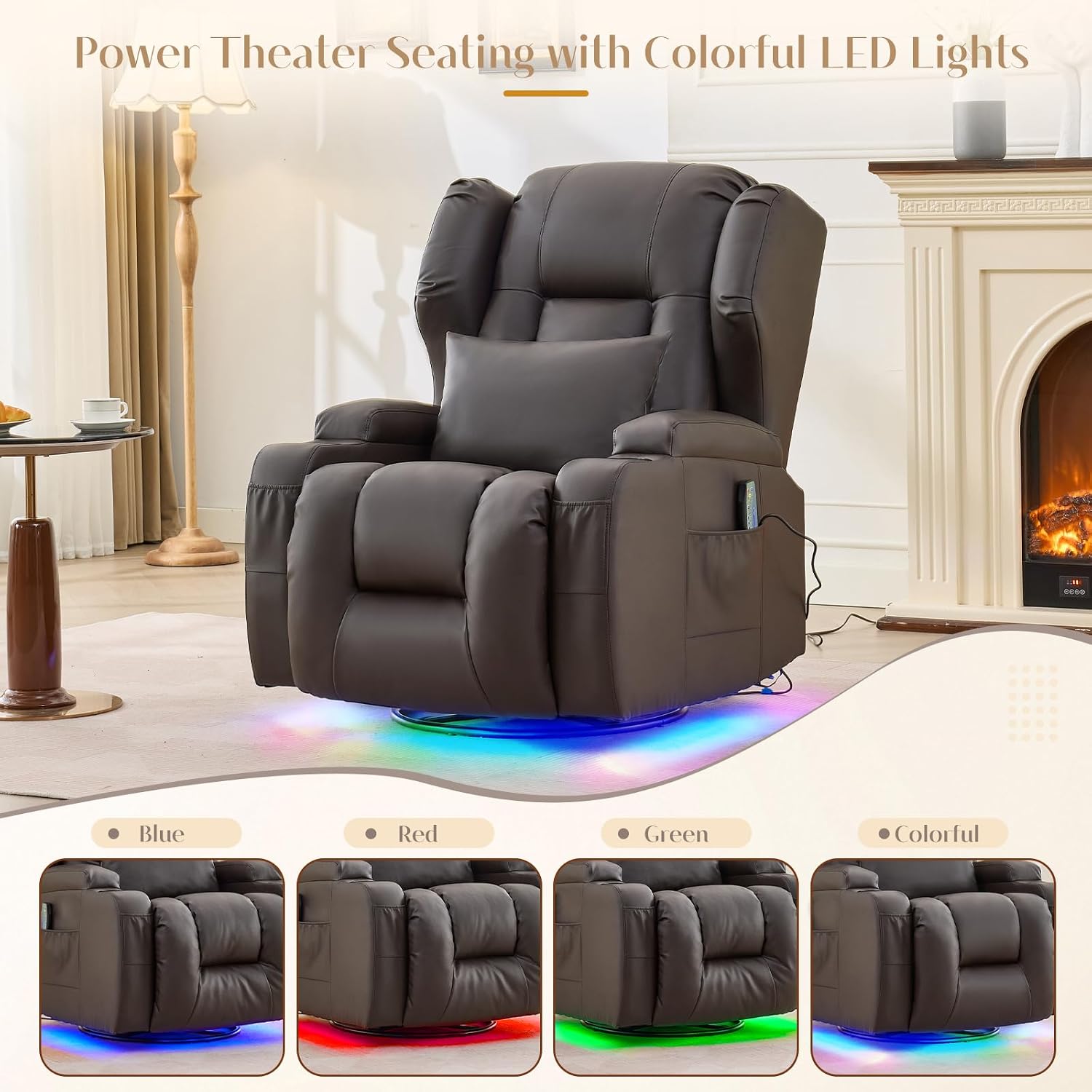 Power Swivel Rocker Recliner Chair with Massage & Heat, Dual Motor Electric Glider Rocking Recliner with USB Ports, Cup Holders & LED Light for Living Room, Home Theater (Brown PU)