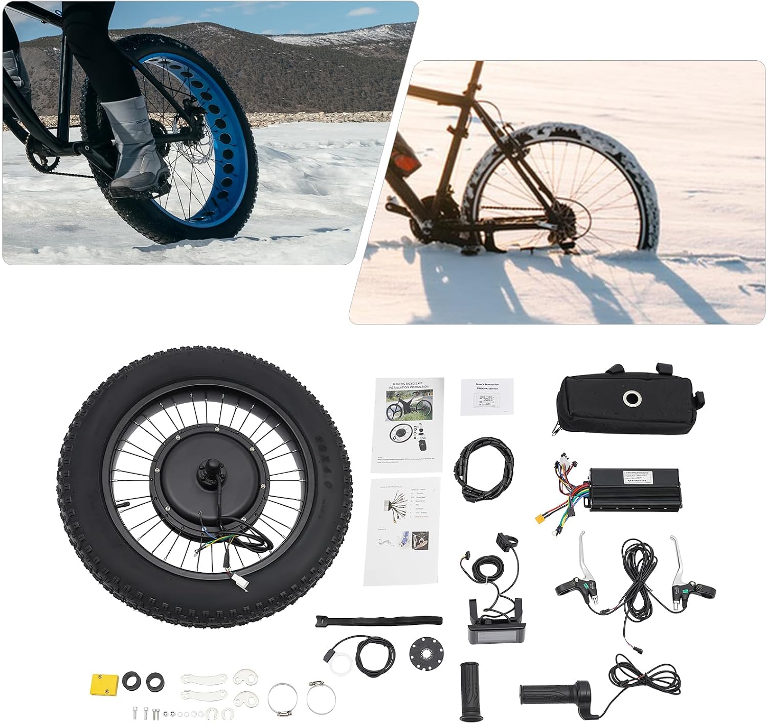 20' 48V 1500W E-Bike Rear Wheel Conversion Kit, Snow Bike Electric Bicycle Fat Snow Tire Motor Kit Brushless Gearless Rear Wheel Hub Motor w/ LCD Display for Mountain Bikes, Variable-Speed Bikes
