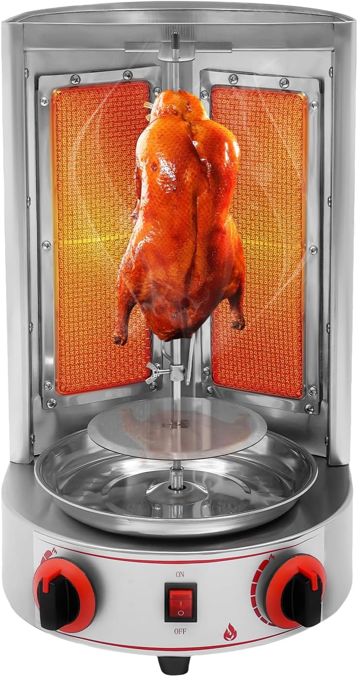 Countertop Shawarma Machine 110V 3000W Gas Vertical Shawarma Machine 360°Rotating Gyro Grill with 2 Burners Stainless Steel Shawarma Machine for Commercial Home Restaurant Kitchen