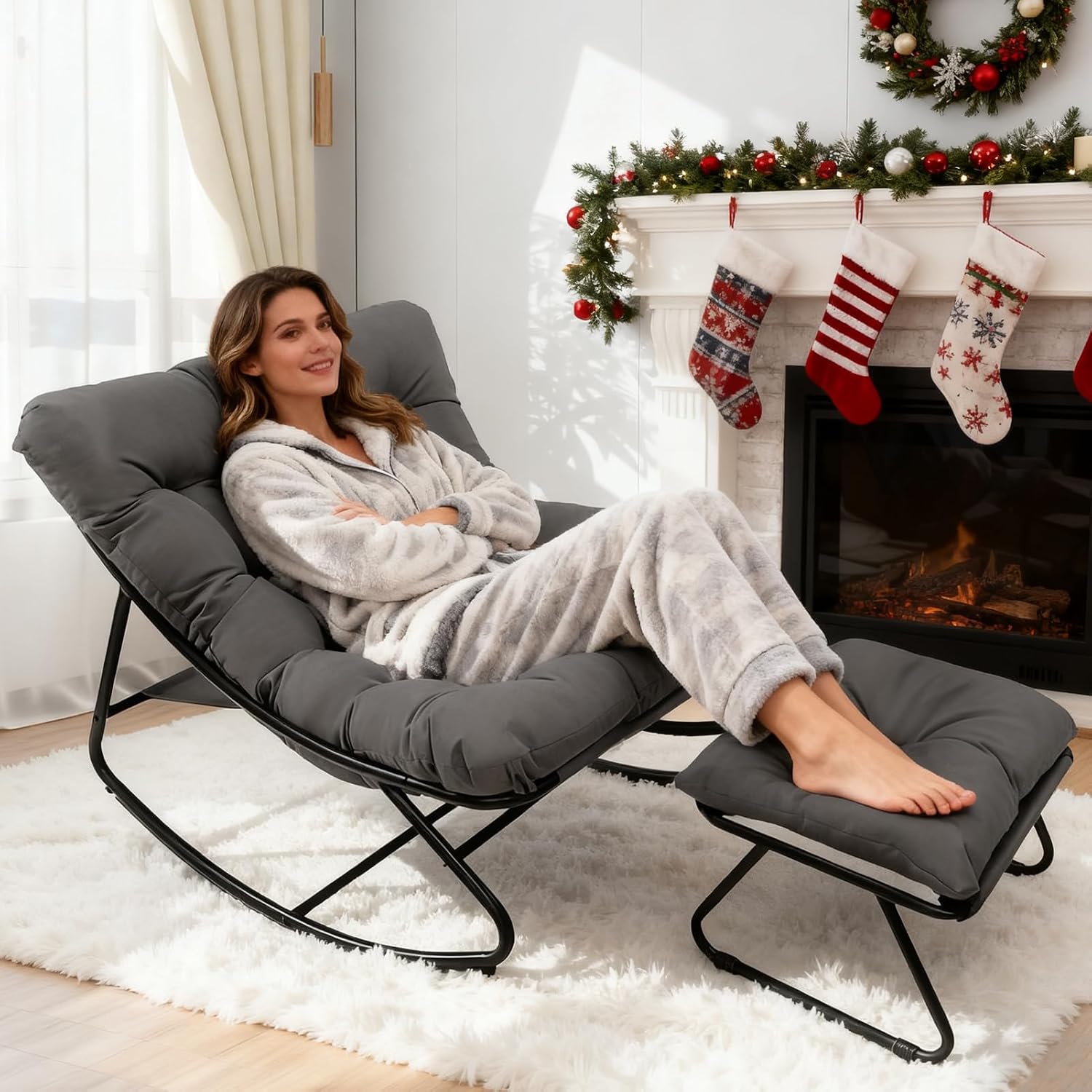 Patio Rocking Chair with Ottoman Outdoor & Indoor, Rocking Chairs Padded with Foot Rest, 330lbs Capacity, Metal Outdoor Rocker for Garden, Deck, Living Room, Bedroom, Balcony (Gray)