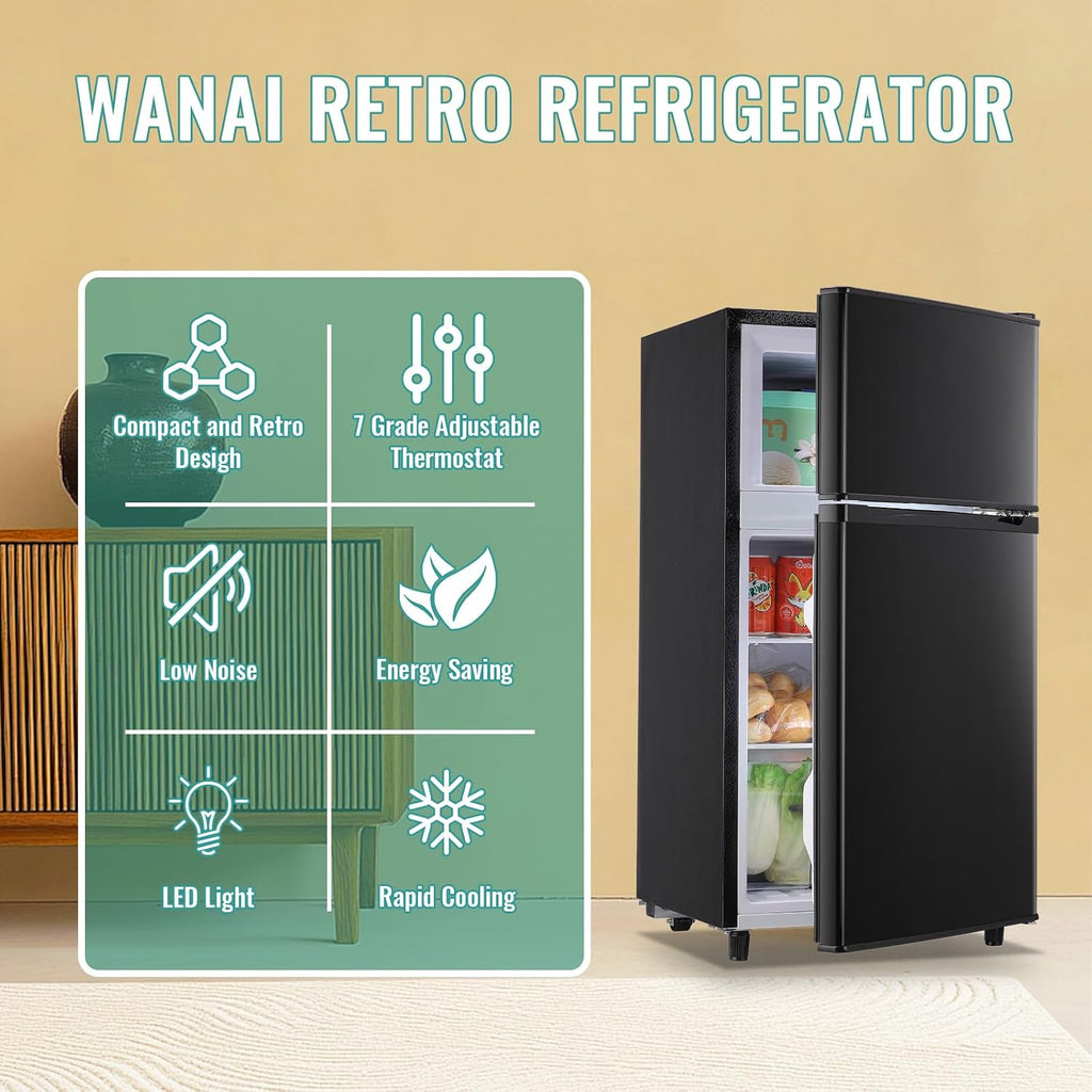WANAI 3.5 Cu.Ft Mini Fridge Compact Refrigerator with Freezer, 7 Level Adjustable Thermostat Removable Shelves Small Refrigerator for Office Dorm Apartment Matte Black