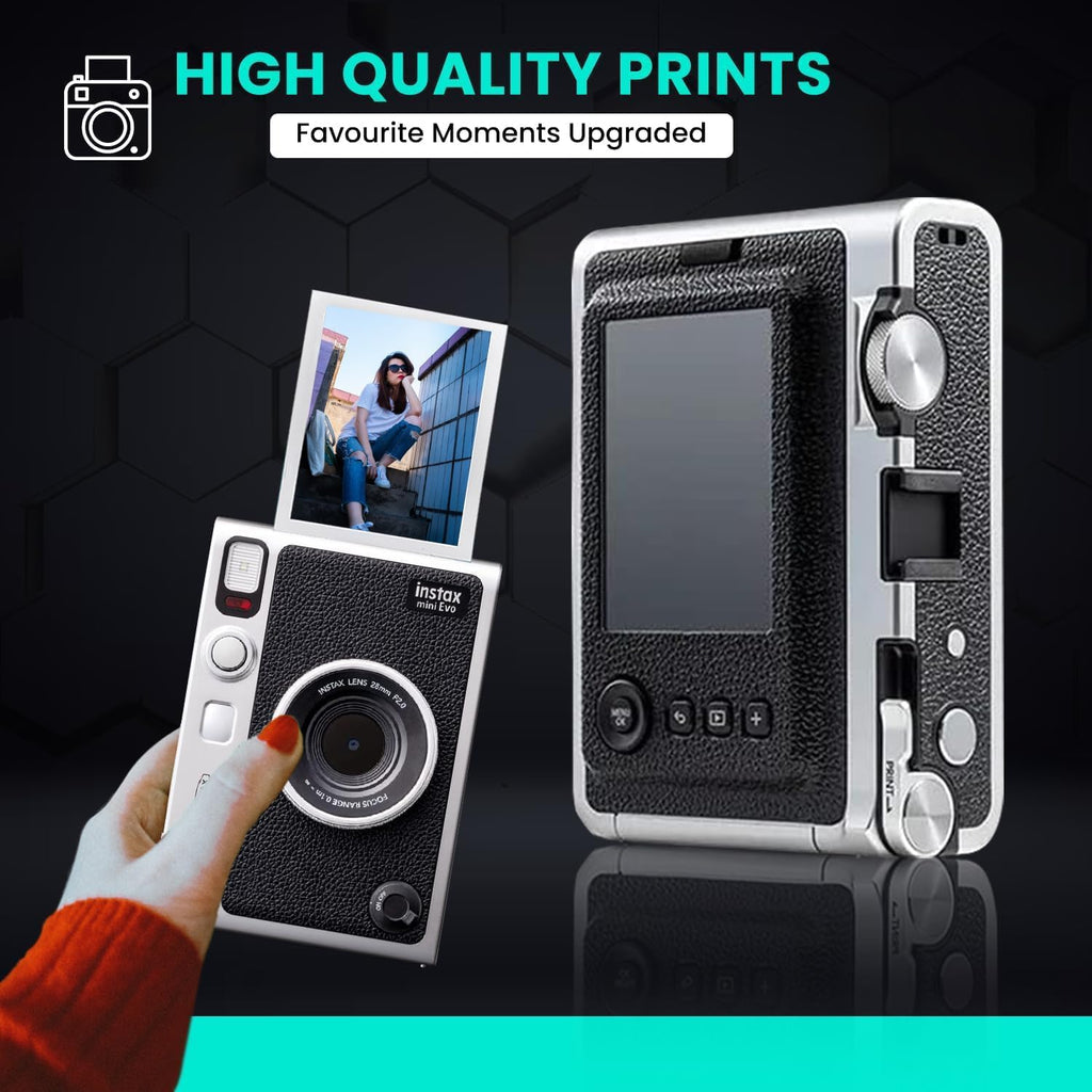 Fujifilm Instant Mini EVO Hybrid Camera Bundle with 20 Instant Film Sheets + 32GB Memory Card + Carrying Case + Flex Tripod + BluebirdSales Cleaning Cloth (Black)