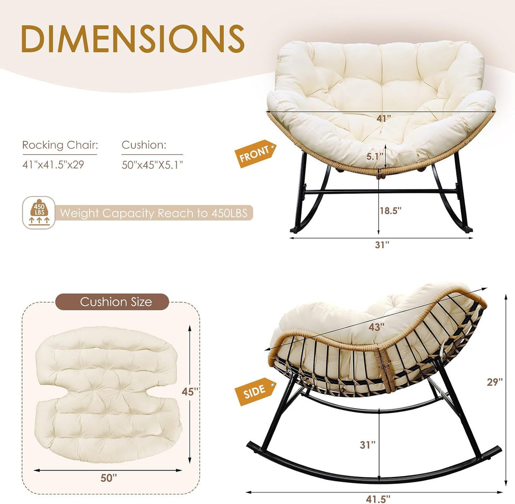 NICESOUL Outdoor Rocking Papasan Chair Set of 2 with Cushions, Comfy Oversized Padded Rockers, 2 Person Wicker Egg Gliders, 450Lbs Wide Recliner Lounge for Bedroom, Living Room, Porch, Balcony