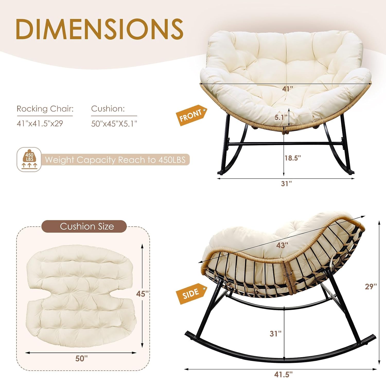 NICESOUL Outdoor Rocking Papasan Chair Set of 2 with Cushions, Comfy Oversized Padded Rockers, 2 Person Wicker Egg Gliders, 450Lbs Wide Recliner Lounge for Bedroom, Living Room, Porch, Balcony