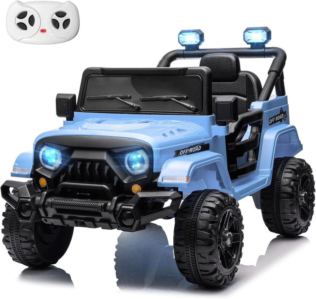 MINIATURE MOTORS 12V Kids Electric Ride on Truck Car Remote Control, Twin 35W Motors 3.5MPH Max Speed, Bluetooth Music Player, 4 Wheels Suspension LED Lights Safety Belt, Gift for Boys & Girls-Blue