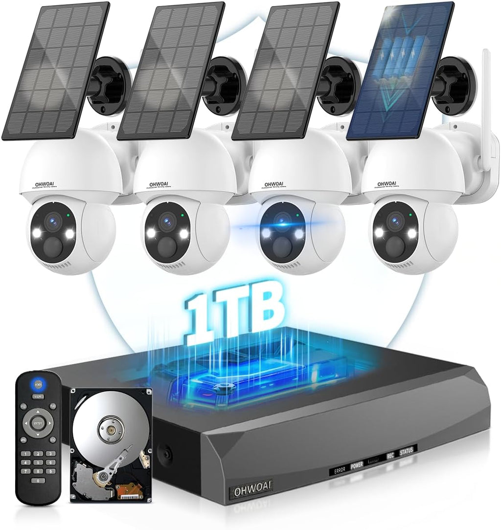 《100% Solar Powered & 2-Way Audio》Outdoor Wireless PTZ Camera System, 4MP Solar Powered Battery Cameras Systems, Home Video Surveillance DVR Kits with PIR Motion Detection