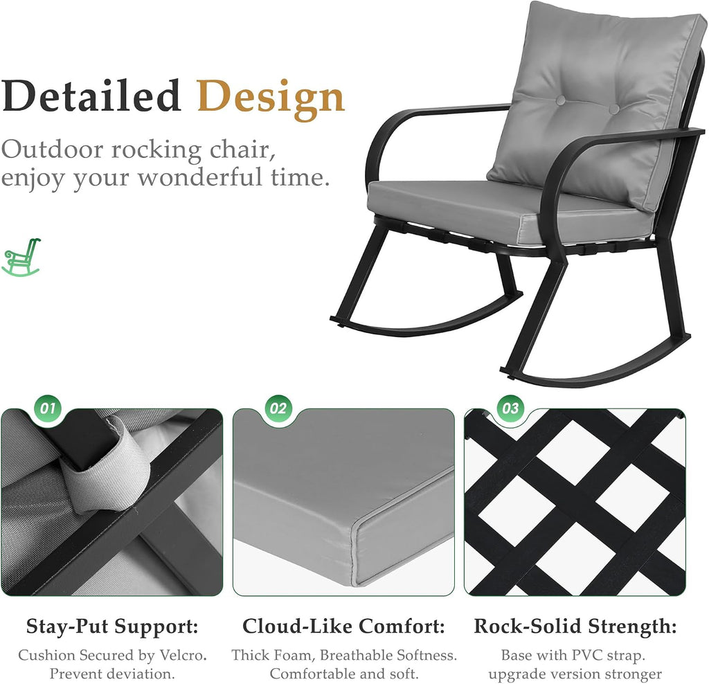Oakcloud Oakmont Outdoor Furniture 3 Piece Conversation Bistro Set Rocking Chairs and Glass Top Table, Thick Cushions, Black Steel (Grey)