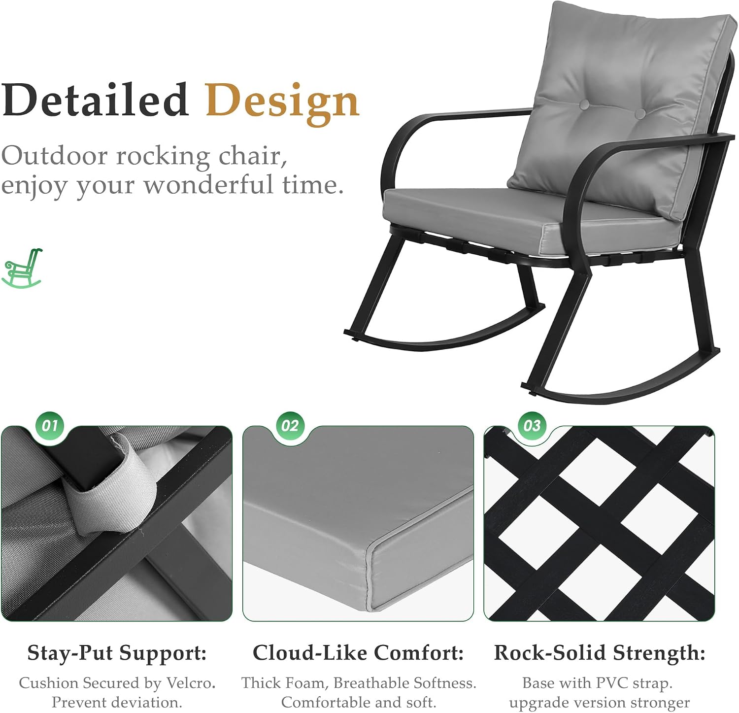 Oakcloud Oakmont Outdoor Furniture 3 Piece Conversation Bistro Set Rocking Chairs and Glass Top Table, Thick Cushions, Black Steel (Grey)