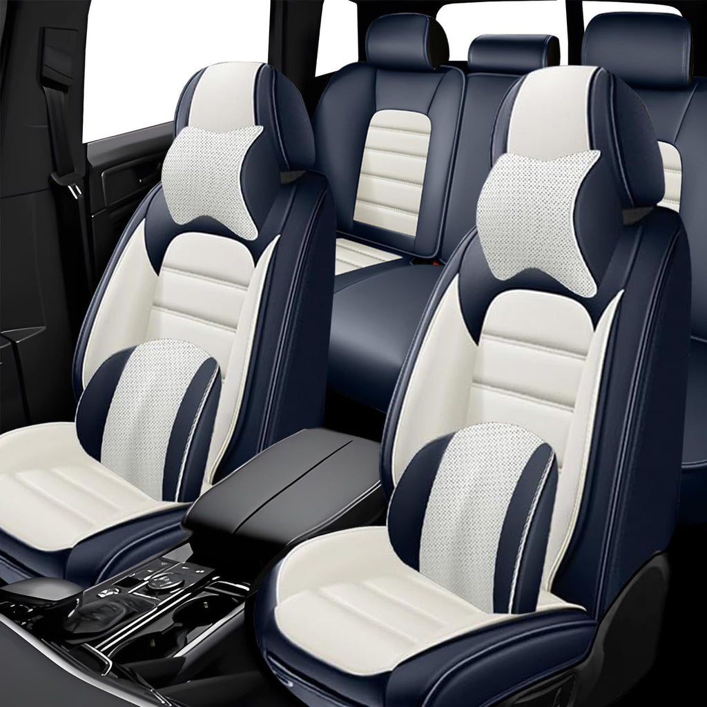5 Seat Covers for Mini Cooper/Countryman/One Leather Car Seat Covers Waterproof Non-Slip Soft Seat Protectors Comfort Auto Seat Covers with Airbag（Luxury,White+Blue）