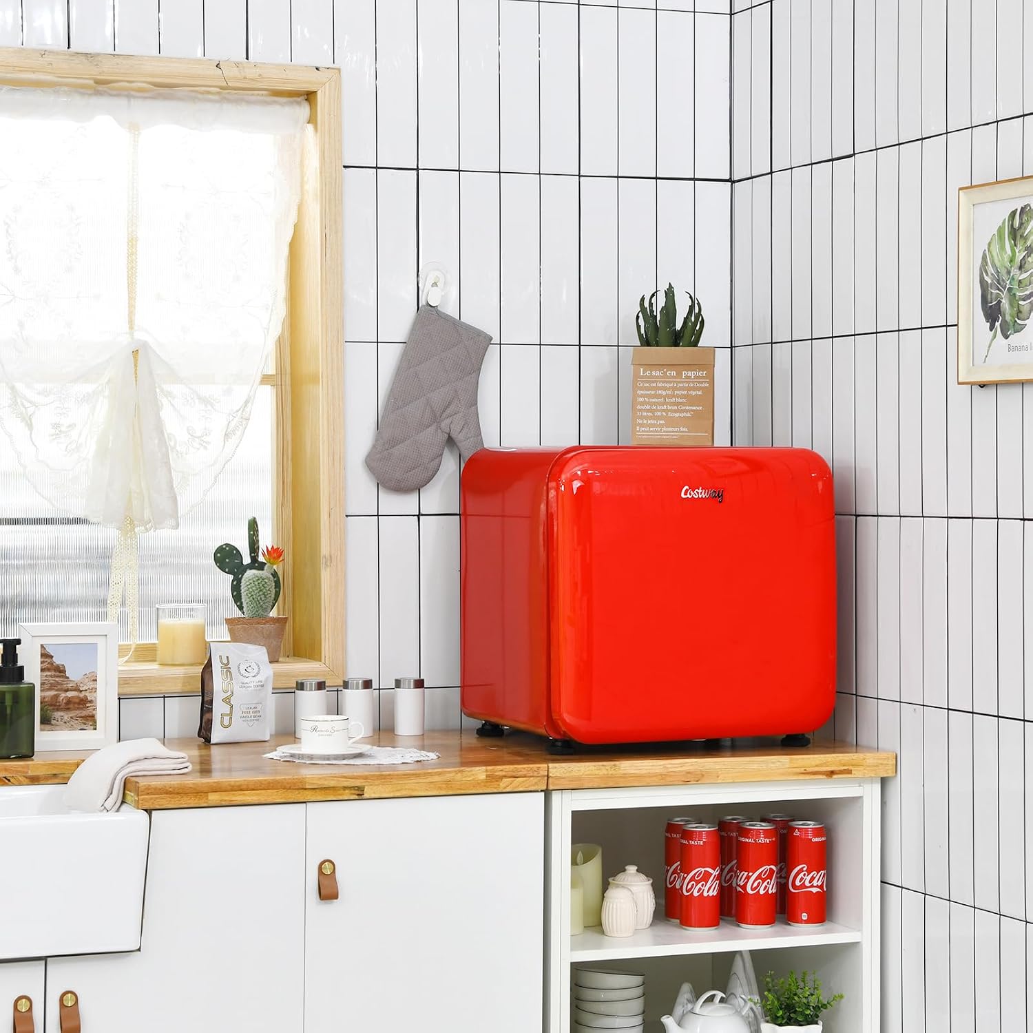 COSTWAY 1.6 Cu.ft Mini Fridge, Compact Refrigerator with Auto Defrost, Single Reversible Door, Adjustable Thermostat for Office, Dorm, Bedroom, Apartment (Red)
