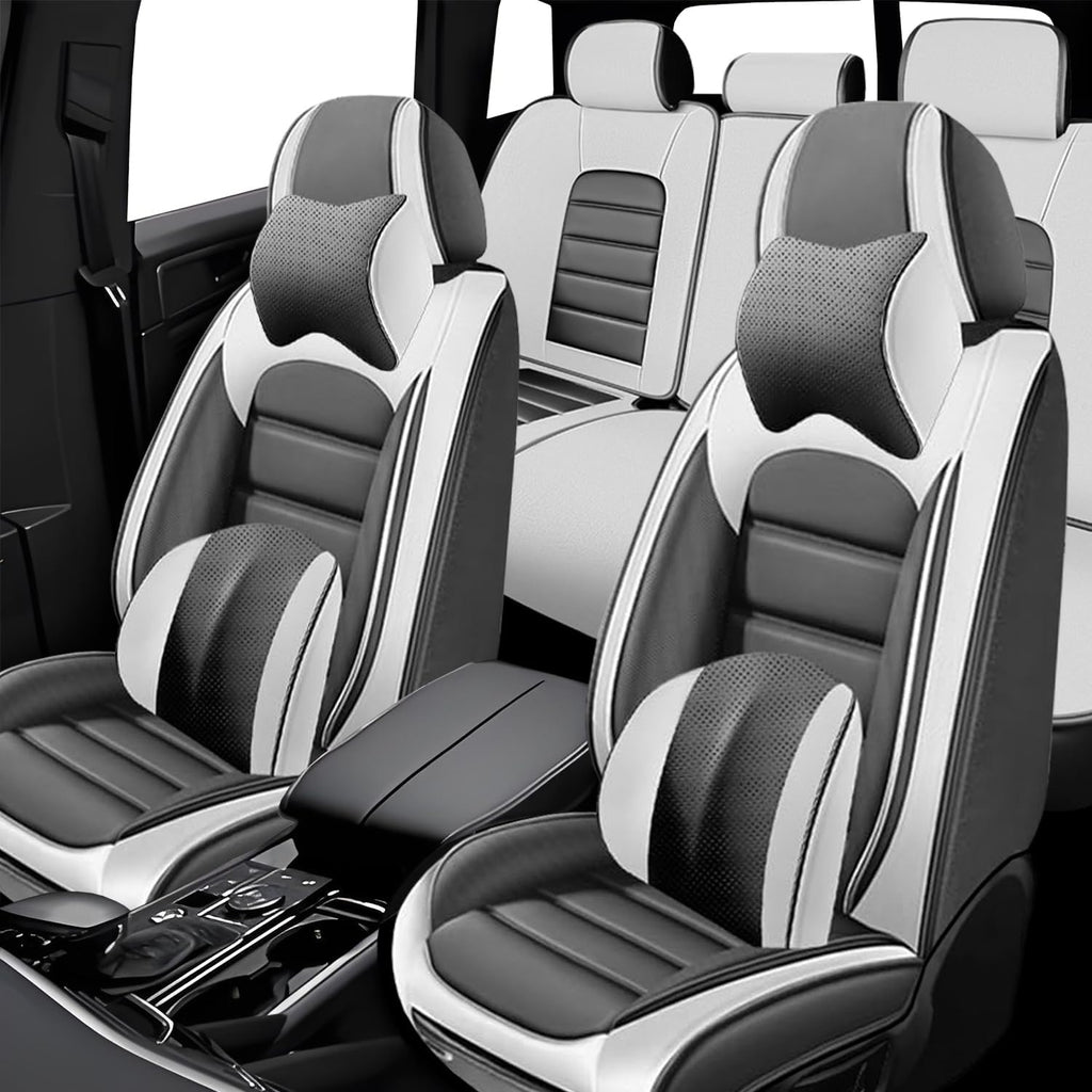 5 Seat Covers for Buick Encore GX 2020-2024 Leather Car Seat Covers Waterproof Anti-Slip Car Seat Protectors Comfort Automotive Seat Covers with Airbag（Luxury,White+Gray）