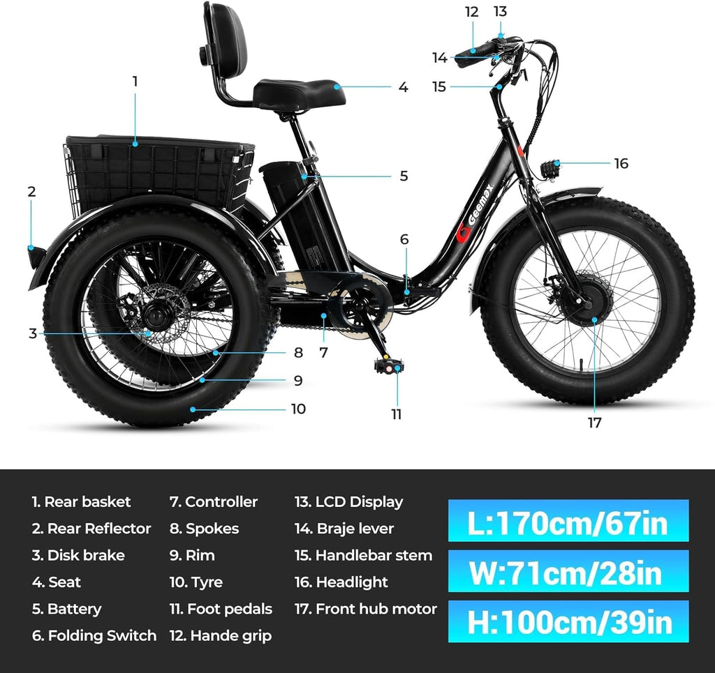 Geemax Electric Tricycle for Adults, 20' x 4.0 Fat Tire Electric Trike, Peak 750W 25MPH 36V 13Ah Lithium Battery UL Certified, Premium 80% Assembled Foldable 3 Wheel Electric Bicycle
