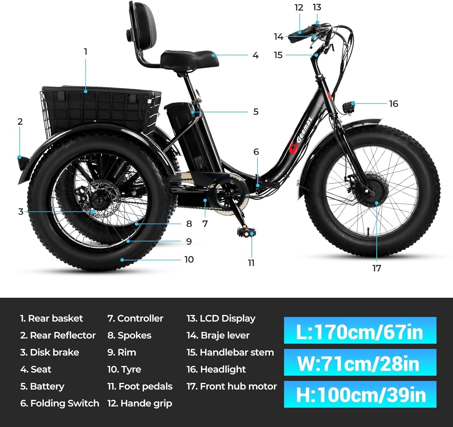 Geemax Electric Tricycle for Adults, 20' x 4.0 Fat Tire Electric Trike, Peak 750W 25MPH 36V 13Ah Lithium Battery UL Certified, Premium 80% Assembled Foldable 3 Wheel Electric Bicycle