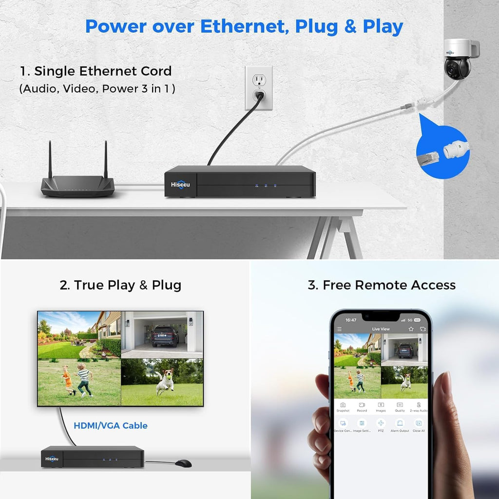 [330°Pan 90°Tilt+Human Tracking] Hiseeu 4K PoE Security Camera System,NVR Security Camera System w/8 * 8MP PoE PTZ Security Camera Outdoor&Indoor,2-Way Audio,Color Night Vision,7/24 Record