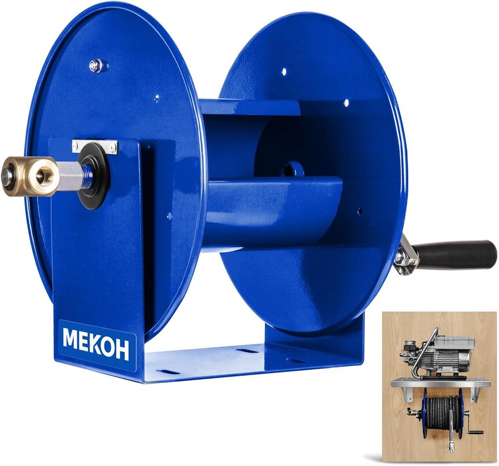 MEKOH Pressure Washer Hose Reel 100FTx3/8', 200FTx1/4' Manual Power Washer Hose Reel with M22 14mm Fitting,4500PSI Heavy Duty Hose Reel for Water,High Pressure Metal Reel with Wall/Van/Trailer Mount