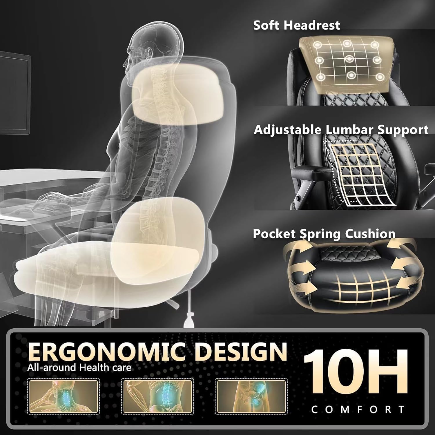 700LBS Large Heavy Duty Office Chair with 5D Flip Arms, Comfy Big and Tall Executive Office Desk Chair with Pocket Spring Cushion, High Back Computer Chair with Lumbar Support,Dual Rubber Wheel