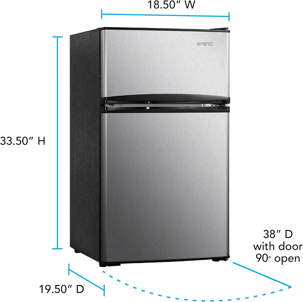 Avanti 3.1 Cu. Ft. Compact Refrigerator with Freezer, Adjustable Glass Shelves, Reversible Door, Automatic Defrost, ENERGY STAR Certified, 3.1 cu.ft., Stainless Steel