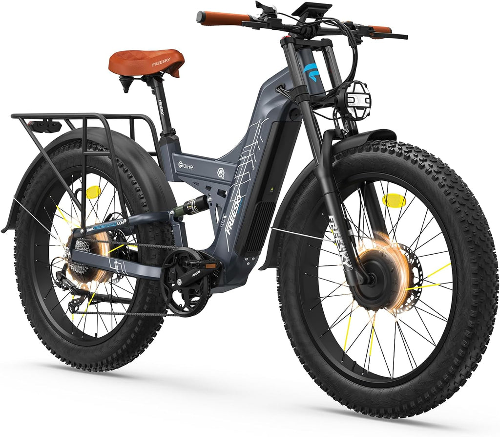 FREESKY 4000W Dual Motor Electric Bike for Adults, 48V 30AH Samsung Cells Battery 120Miles Range, 40MPH AWD Fast E-Bike, 26' Fat Tire Full Suspension Electric Mountain Bike, UL2849 Certified by TÜV