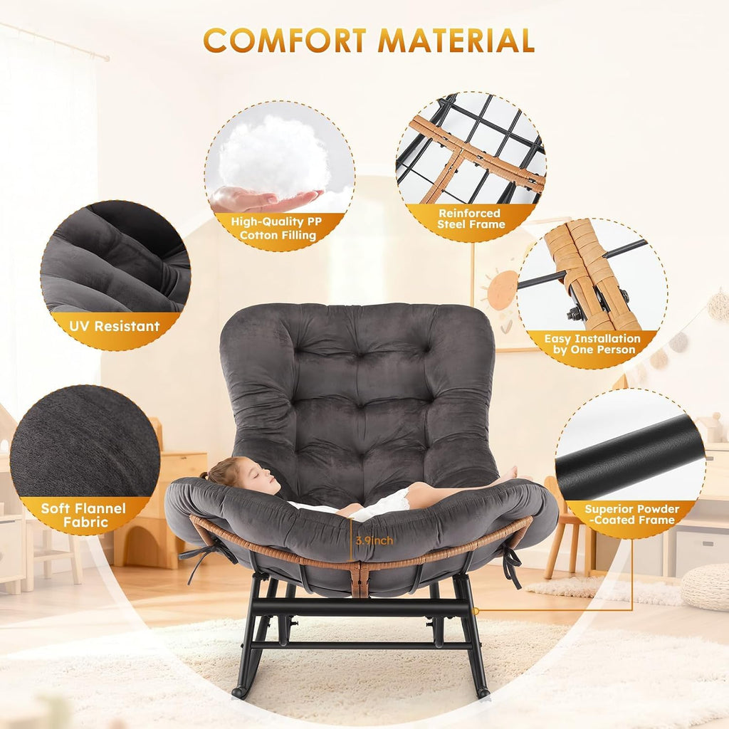 Takywep Rocking Chair - Oversized Outdoor Rocking Chairs with Footrest, Indoor Papasan Rocker Egg Chair for Bedroom, Living Room, Porch, Garden, Lawn (Dark Grey-Flannel)