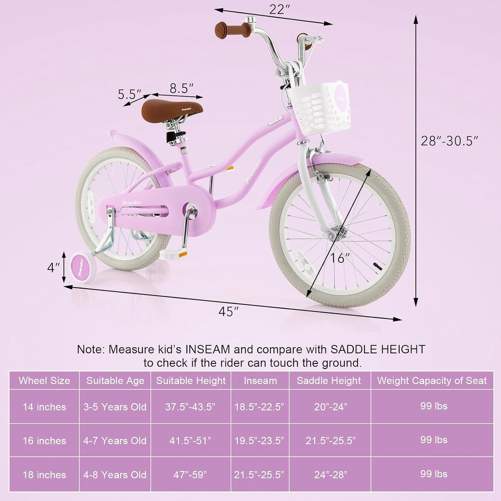 BABY JOY Kids Bike, 12 14 16 18 20 Inch Boys Girls Bike w/Adjustable Seat, Removable Basket, Handbrake & Coaster Brake, Training Wheels or Kickstand, Kids Bicycle with Multi-Color