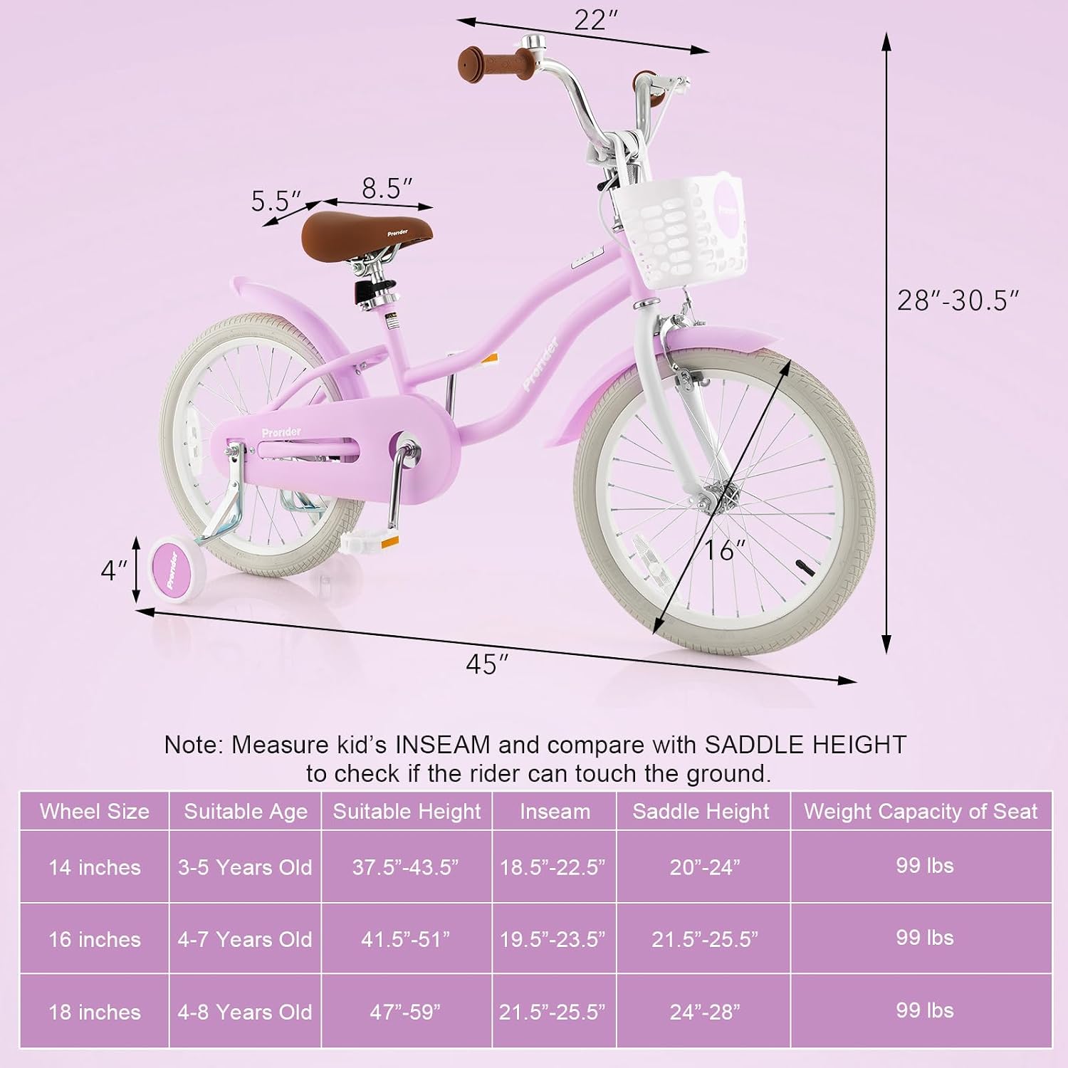 BABY JOY Kids Bike, 12 14 16 18 20 Inch Boys Girls Bike w/Adjustable Seat, Removable Basket, Handbrake & Coaster Brake, Training Wheels or Kickstand, Kids Bicycle with Multi-Color