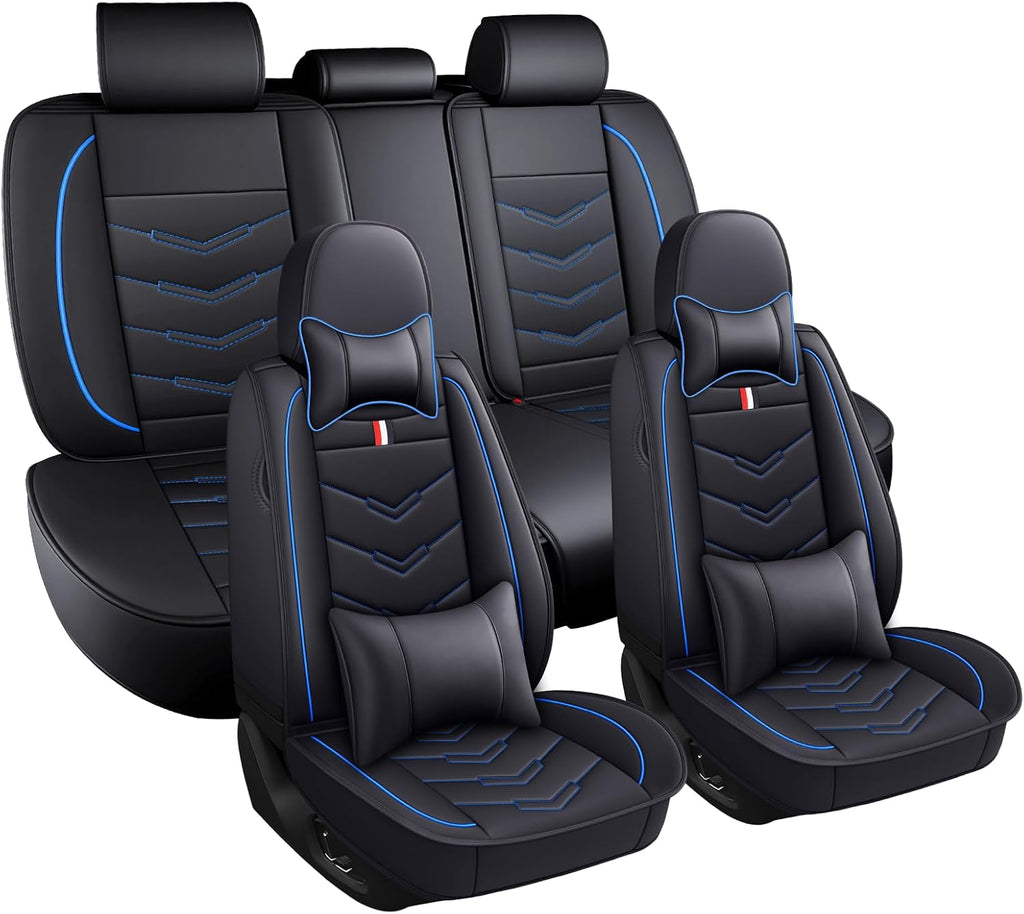 Car Seat Covers Fit for Chevy Suburban 2000-2025, Leather Seat Covers for Car, Waterproof Non-Slip Durable Car Seat Protector(5 Seats with Pillow,Black Blue)