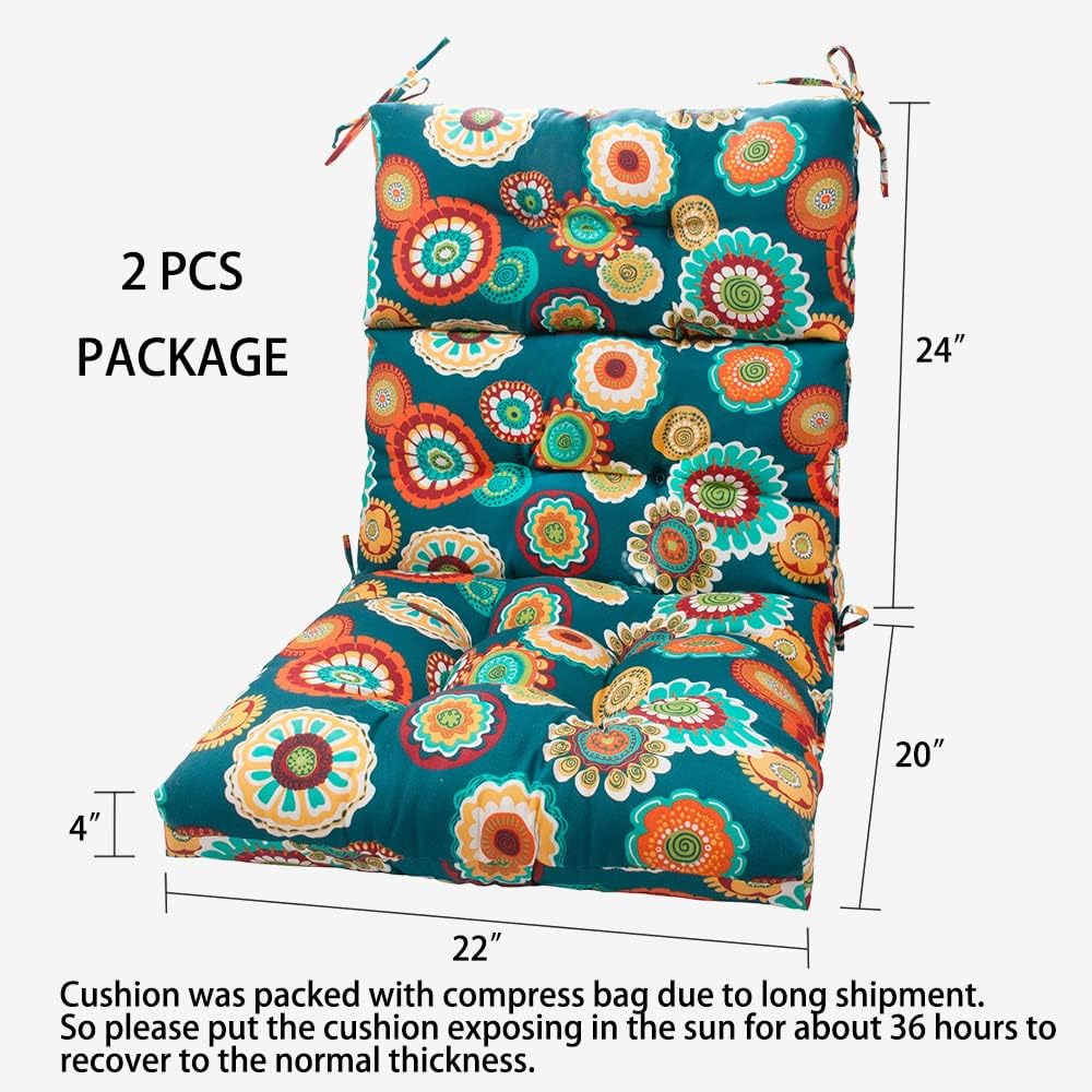 Magpie Fabrics Indoor Outdoor Tufted High Back Chair Cushion Set of 2, Waterproof All-Weather Deep Seating Rocking Chair Patio Chaise Lounge Sun Lounger Chair Cushions(Floral Green)