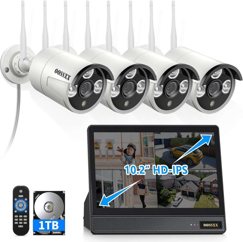 (2026 New) Wireless Security Camera System, 10CH 10'' IPS Monitor NVR with 4 x 3MP WiFi Cameras & 1TB HDD, Dual Band 2.4/5.8G, Dual Antennas, Audio, IP67, No Monthly Fee